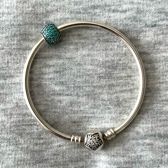 Authentic Pandora star pave bangle with teal pave charm - Picture 1 of 6